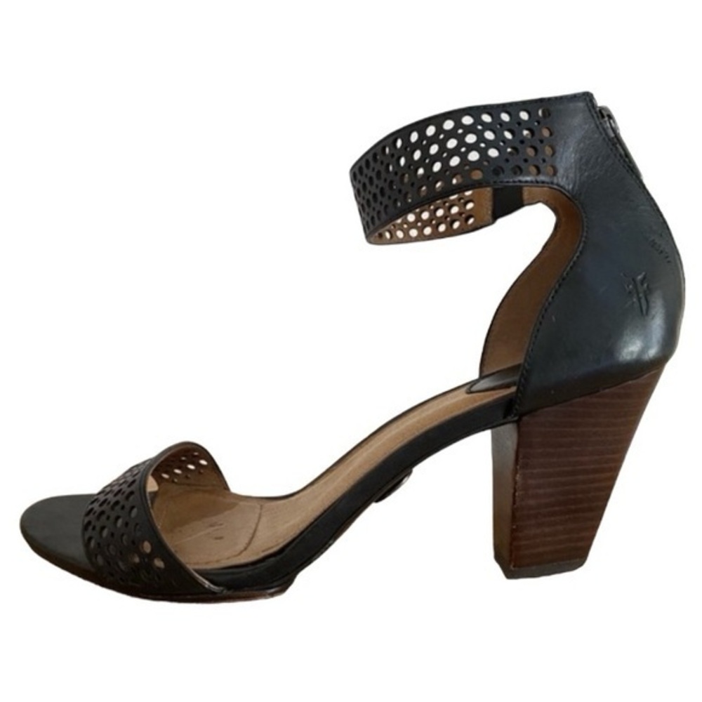 Frye Black Leather Perforated Ankle Strap Heels